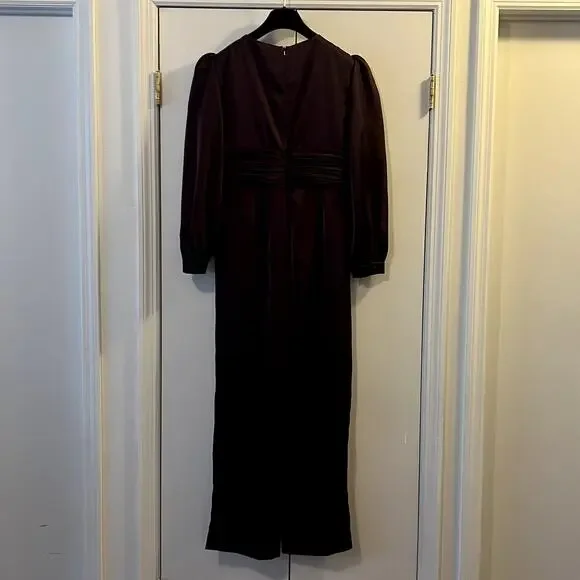 Mac Duggal Plunge Neck Long Sleeve Satin Jumpsuit in Plum Size 12 UB
